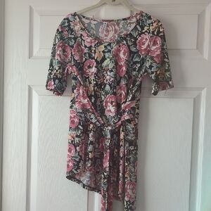 Piphany Floral Pink and Green Asymmetic Top With Sash Size XS
